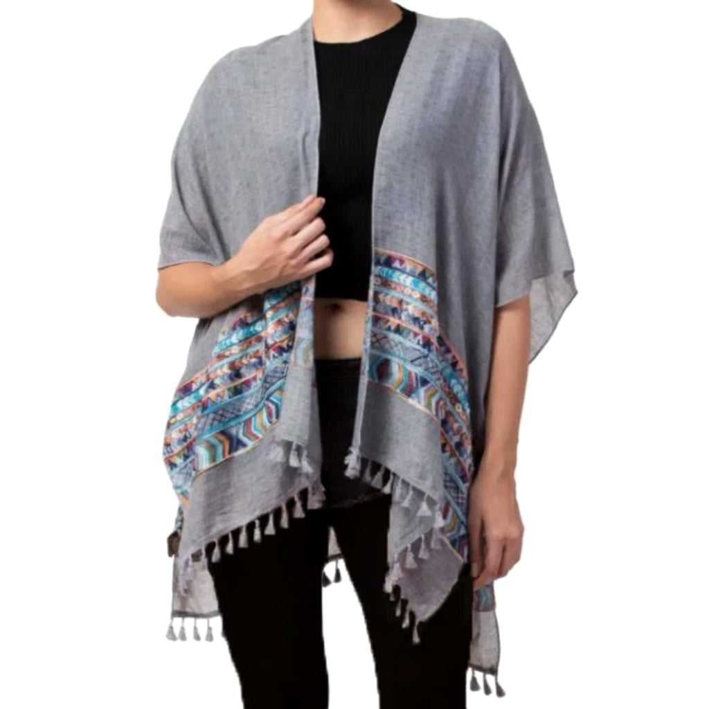 RAJ Women's Aztec Embroidered Tassel Trim Beach Cover-up Boho Kimono Shawl Wrap