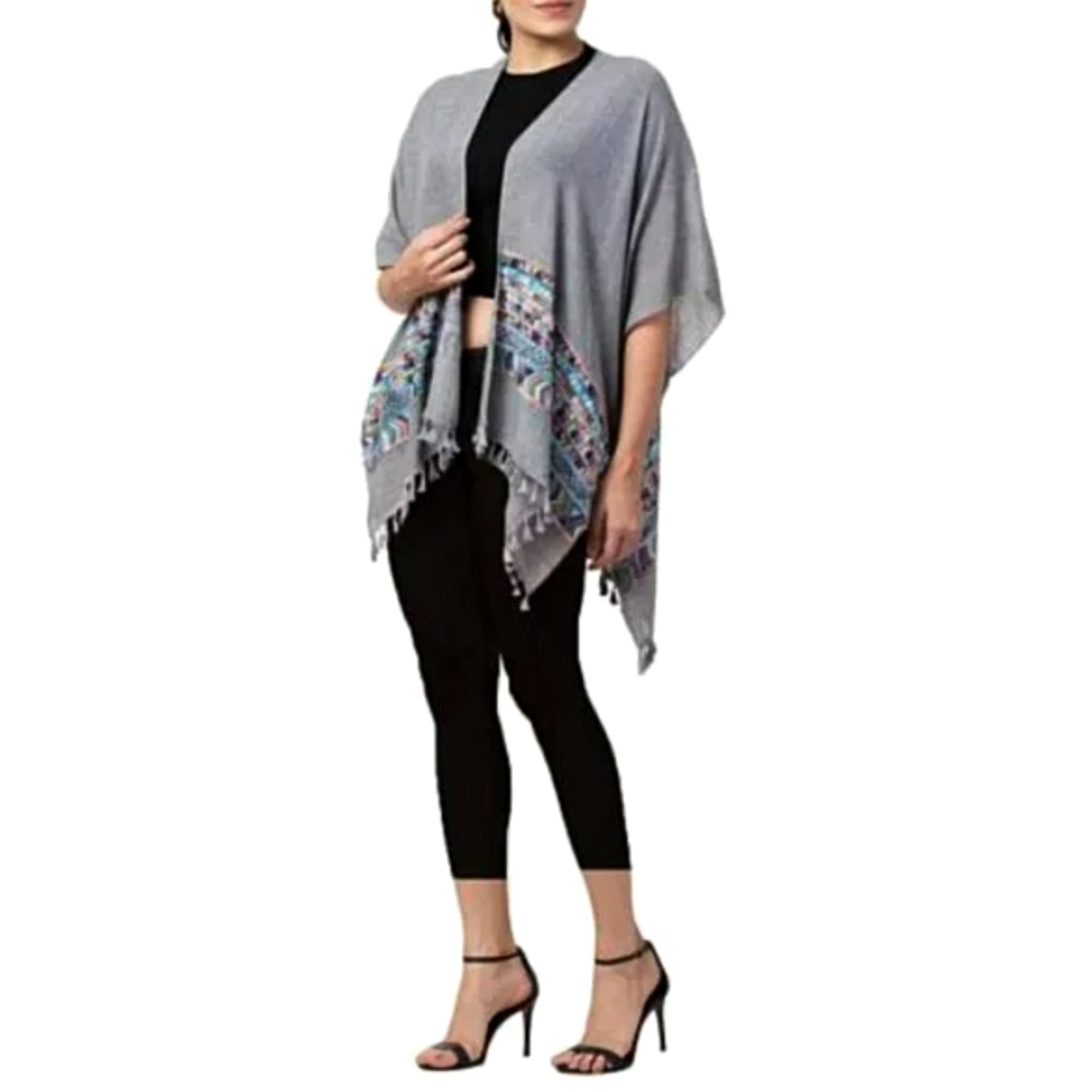 RAJ Women's Aztec Embroidered Tassel Trim Beach Cover-up Boho Kimono Shawl Wrap