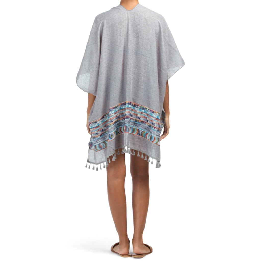 RAJ Women's Aztec Embroidered Tassel Trim Beach Cover-up Boho Kimono Shawl Wrap