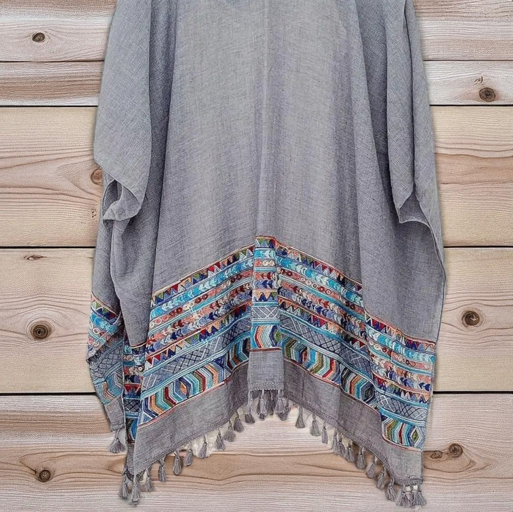 RAJ Women's Aztec Embroidered Tassel Trim Beach Cover-up Boho Kimono Shawl Wrap